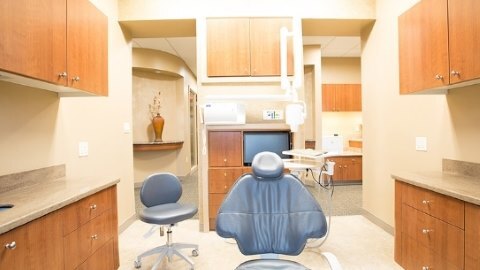 Office interior with wood cabinets